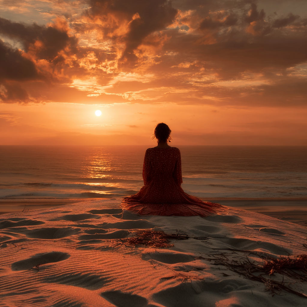Chica meditando en la playa, belleza consciente Erola Jons Brand