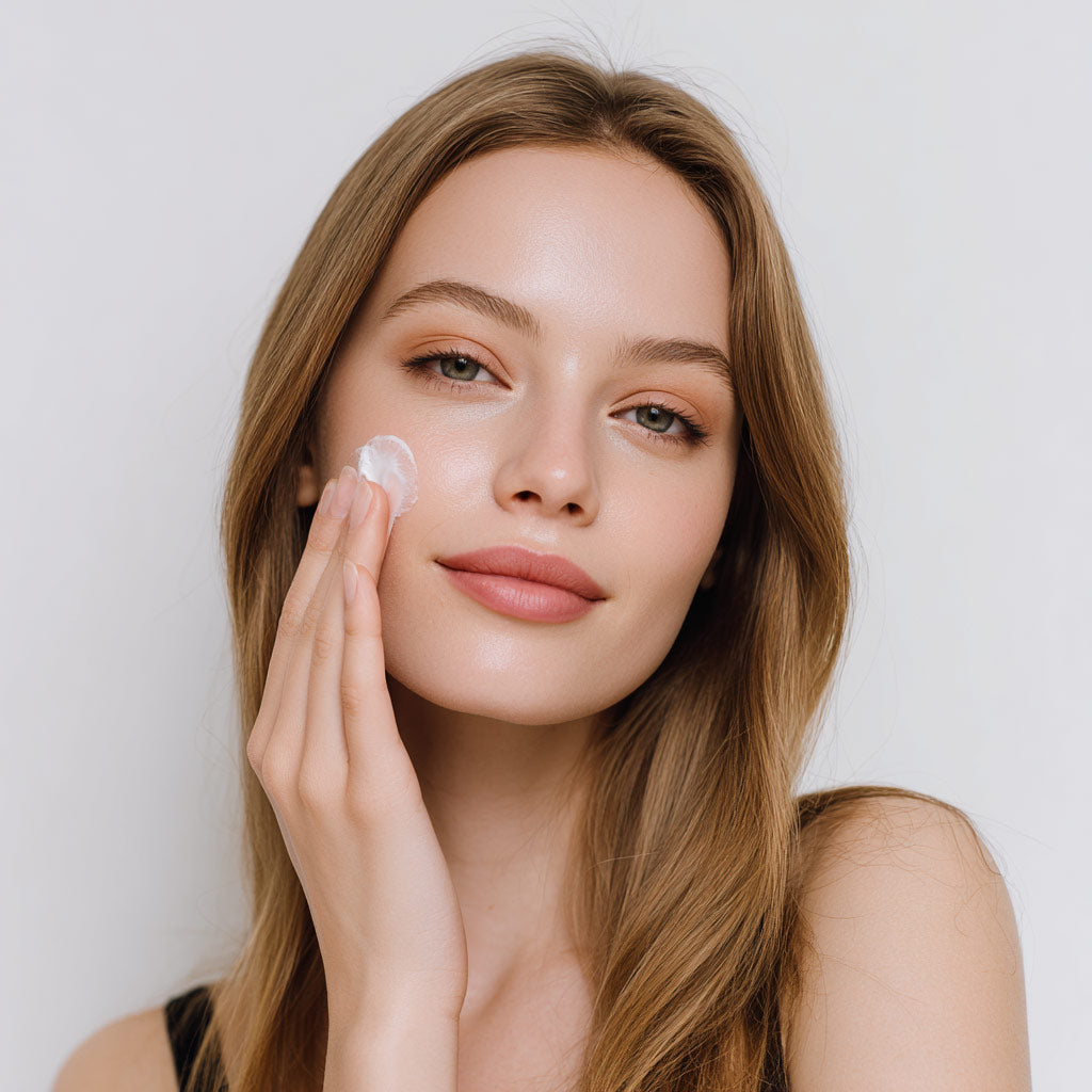 Mujer aplicando crema hidratante antiedad Optisteem de Erola Jons con retinol vegetal Revínage para una piel rejuvenecida y radiante