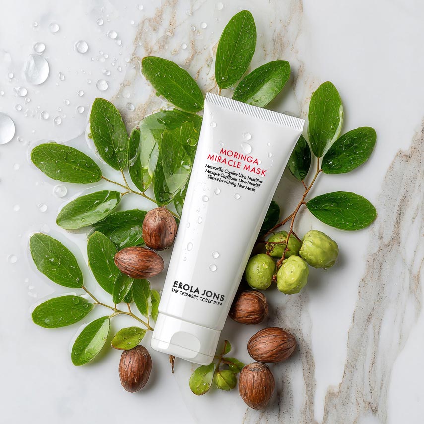 Mascarilla capilar Moringa Miracle Mask de Erola Jons con manteca de moringa y karité para volumen, brillo y control del frizz