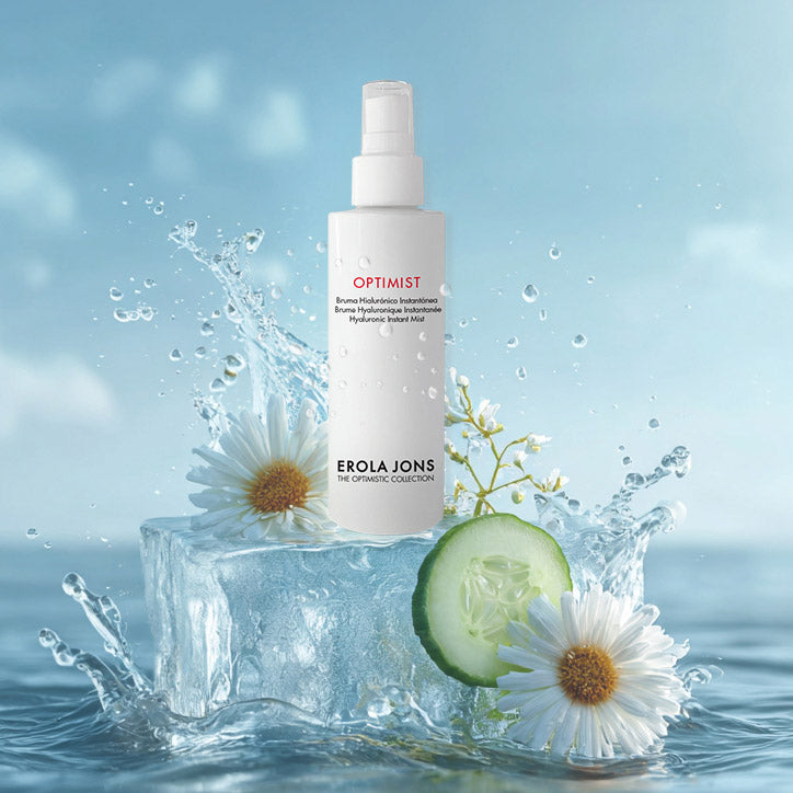 Bruma facial Optimist Mist de Erola Jons con ácido hialurónico y extracto de flores para hidratar y refrescar la piel al instante