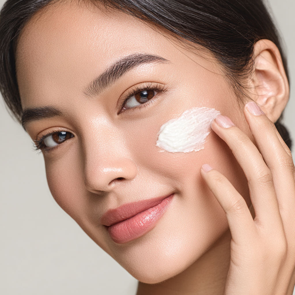 Modelo aplicando crema hidratante antiedad de Erola Jons con Revínage retinol vegetal para una piel firme y rejuvenecida