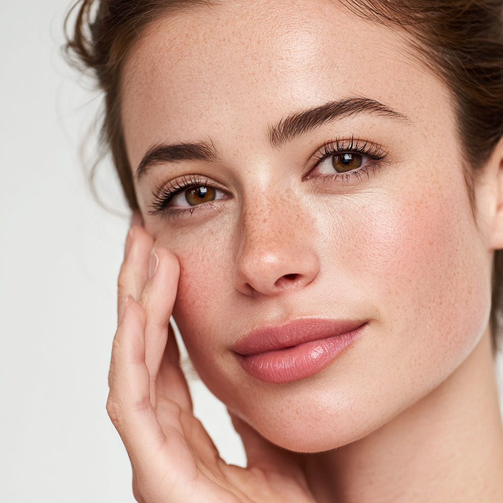 Modelo usando crema hidratante facial Optisteem de Erola Jons con colágeno natural para una piel firme, nutrida y luminosa