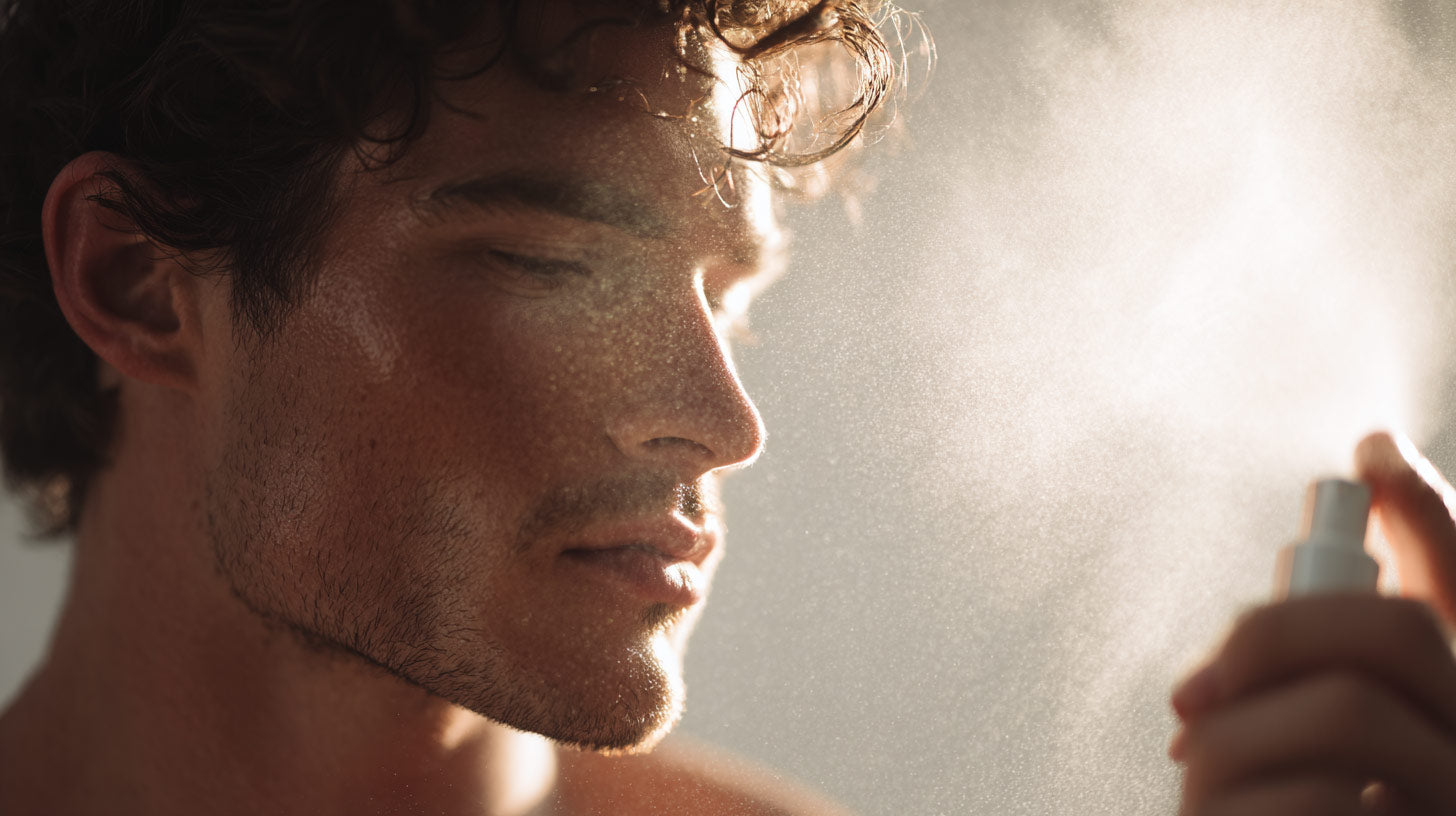 Hombre aplicando la Bruma facial Optimist Mist – Erola Jons Cosmética